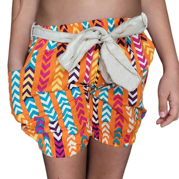 Sado NWT orange geometric colorfull shorts with tan tie belt summer spring sz 6 - Picture 4 of 8